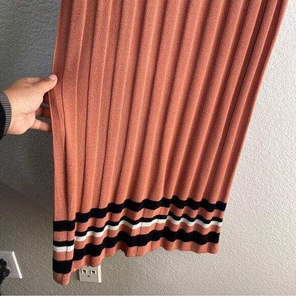 VEDA Large Knit Long Dress Casual 3/4 Sleeve Ribbed Colorblock Stripe High Neck - Picture 7 of 10